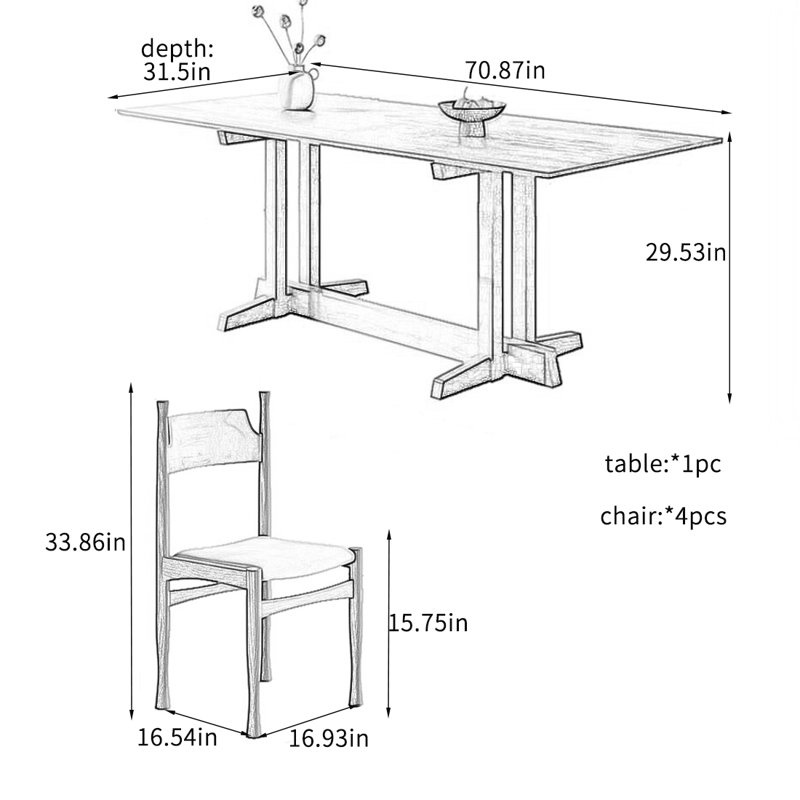 Premium Solid Ash Wood Dining Table Stes., 29.53"H x 70.87"L x 31.5"W