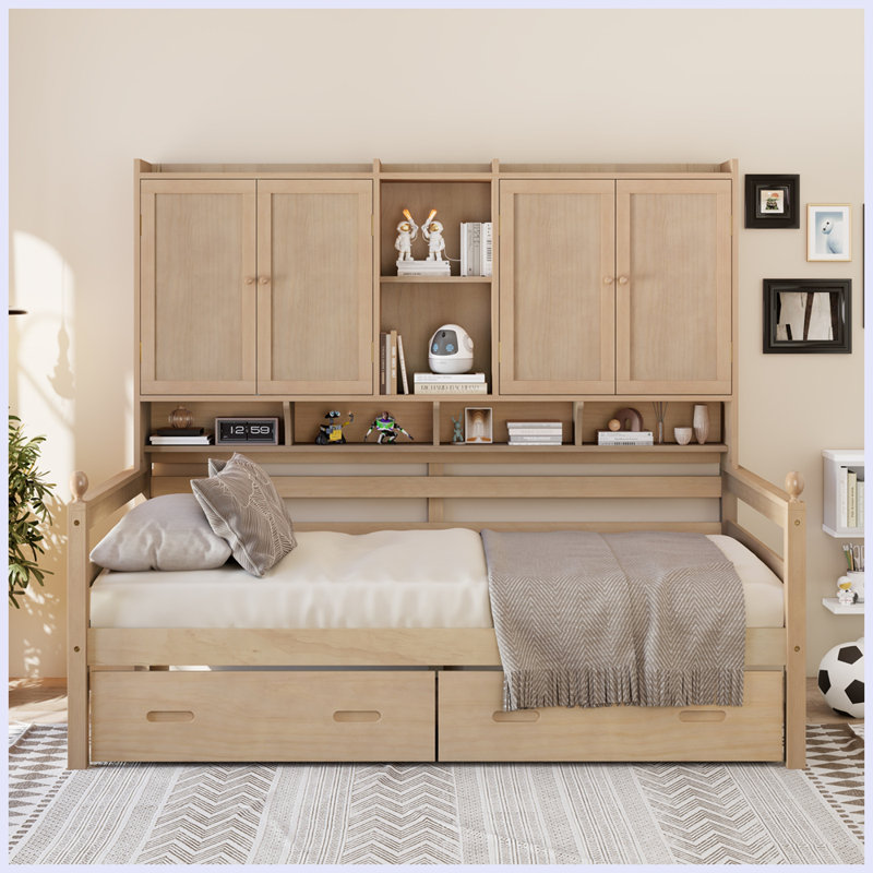 Structure de lit de jour en bois avec tête de lit bibliothèque et deux tiroirs sous le lit pour le salon de la chambre à coucher