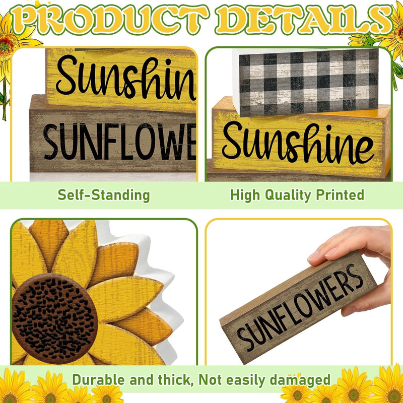 Ensemble de 4 pièces décoratives de table en bois tournesol - signes de soleil, fausses piles de livres et décorations de plateaux à plusieurs niveaux pour la maison