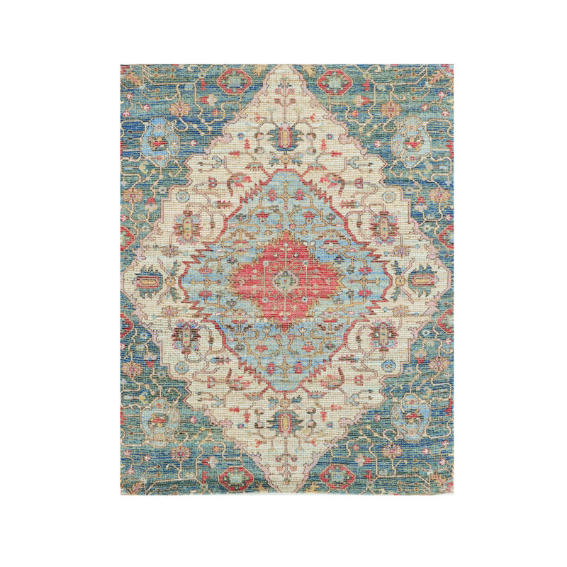 Tapis vintage en jute à losanges bleu ou rouge 5 pi x 7 pi