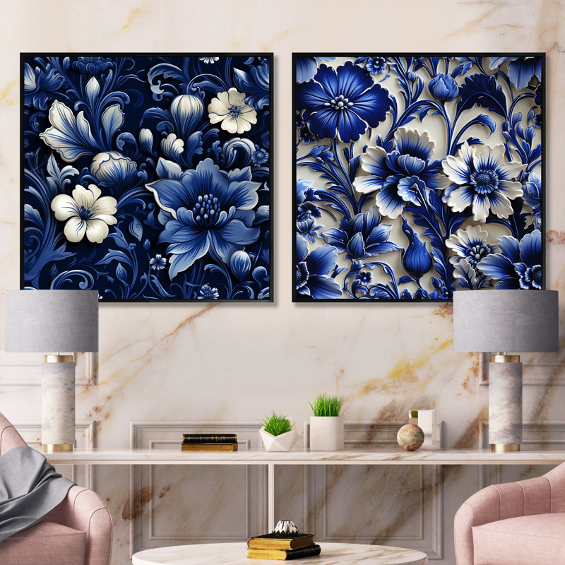 Winchester - Ensemble de 2 collages carrés floraux, H 16 po x l 33 po, Cadre flottant noir