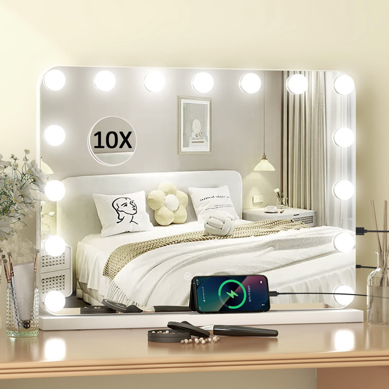 43x58 Makeup Mirror with 3 Color Lights, LED Lighted Vanity Mirror with 15 Dimmable Bulbs