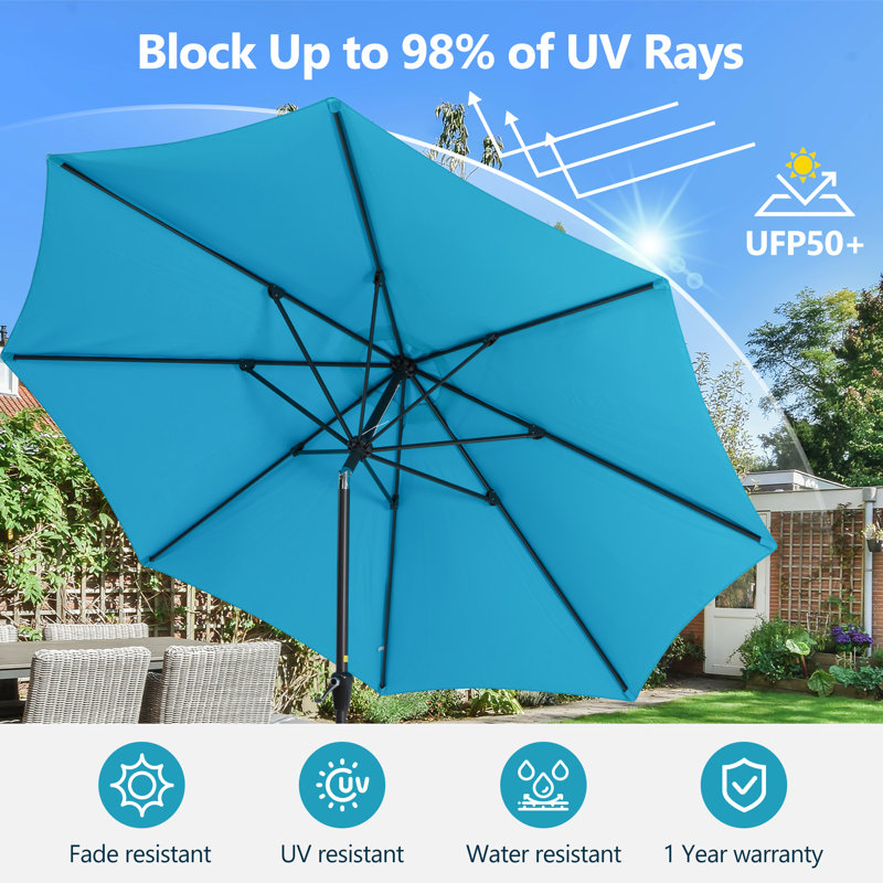 Parasol de patio 11 pi avec bouton poussoir inclinable / manivelle et 8 nervures robustes, Bleu clair