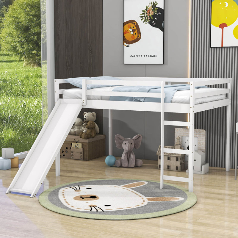 Full Size Wooden Loft Bed with Slide, White