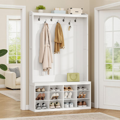 Coat Rack with Shoe Bench, Hall Tree with Shoe Storage for Hallway, 12 Open Compartments, Coat Rack Stand with Top Storage, 14 Hooks for Living Room, Entrence