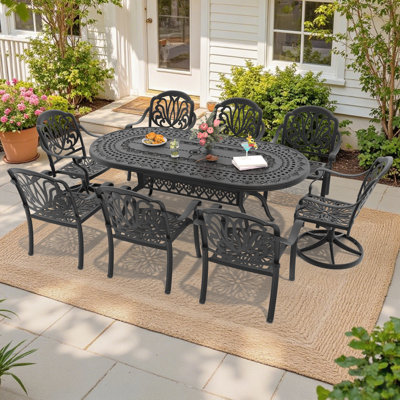 8-Person Rectangular Cast Aluminum Patio Dining Set with 2 Swivel Chairs & Cushions & Umbrella Hole