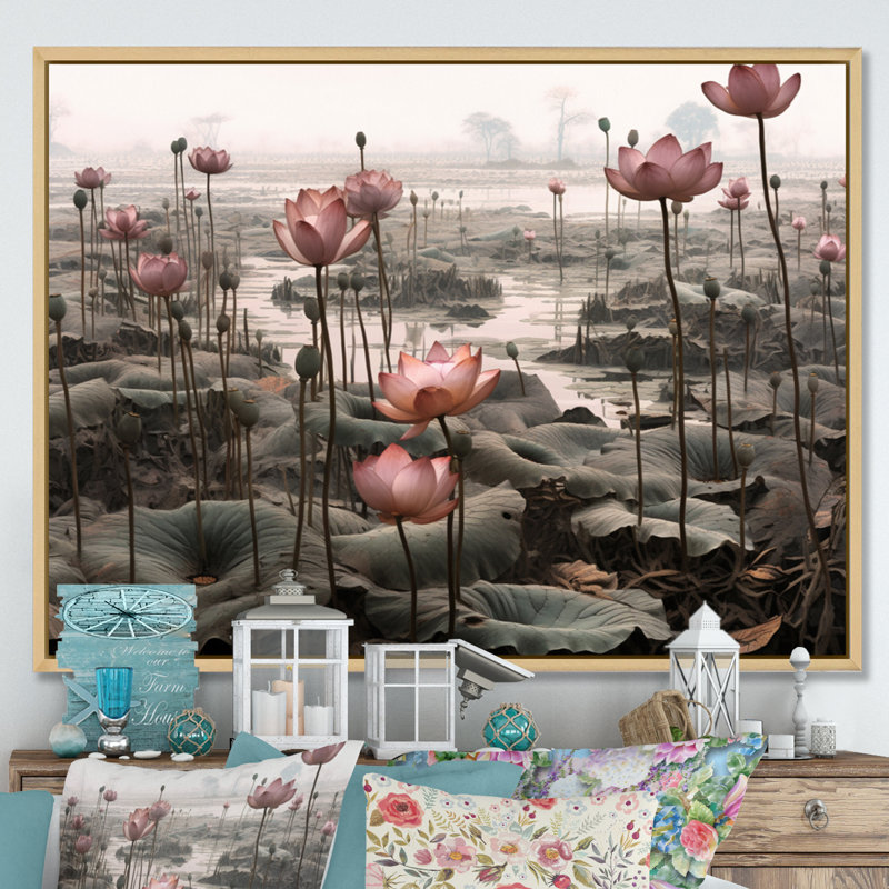 «Grey Pink Lotus Pond» sur toile par John Audubon, H 24 po x l 32 po x P 1 po, Toile naturelle
