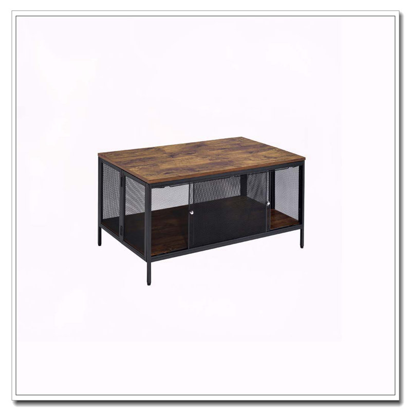 Antique Oak And Black Coffee Table With 4 Sliding Doors