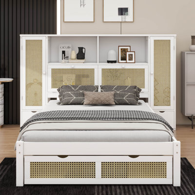 Lit simple en bois avec casiers de rangement doubles, tiroir et tablette de tête de lit