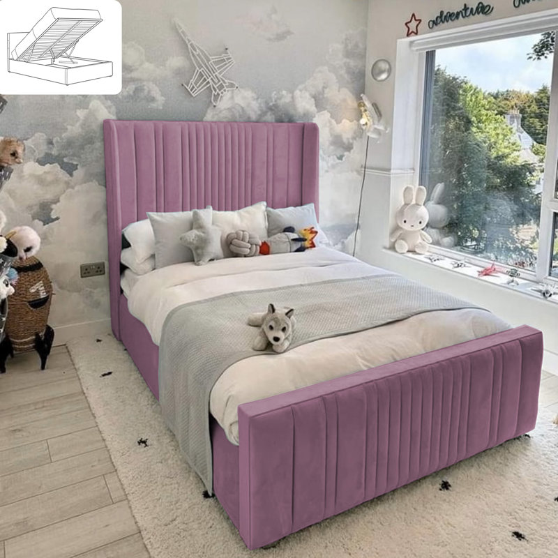Monai Bed - Wingback Ottoman Storage with Plush Velvet Gas Lift and Headboard, lilac