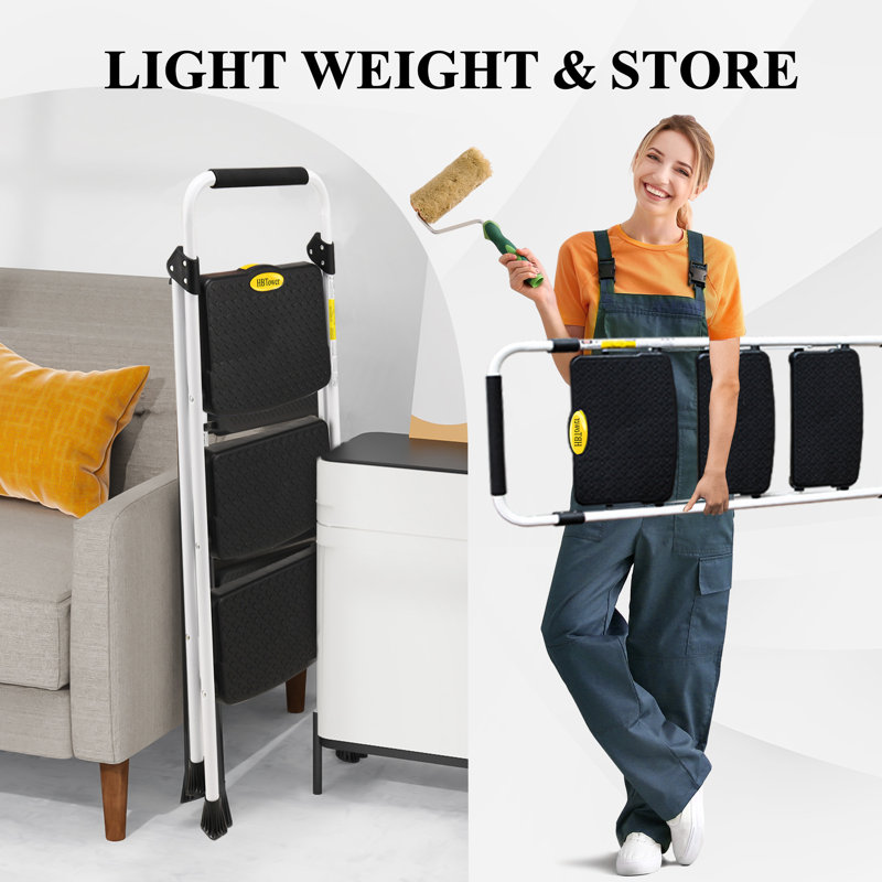 3 Step Ladder, Folding Step Stool for Adults with Wide Anti-Slip Pedal, 500 LBS Capacity, Lightweight, Portable Steel Step Stool with Convenient Handrail