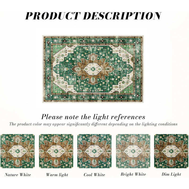 Tapis lavable 9 pi x 12 pi vert et brun avec médaillon ivoire