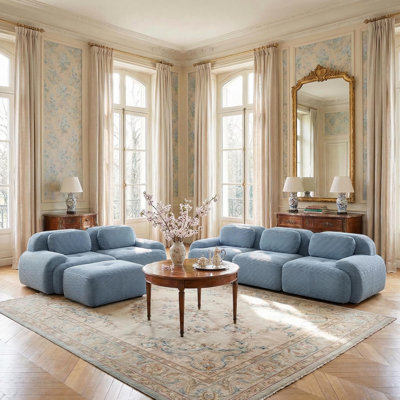 Ensemble de canapé modulaire 3 pièces en velours côtelé bleu poudré de luxe avec pouf, bleu délavé