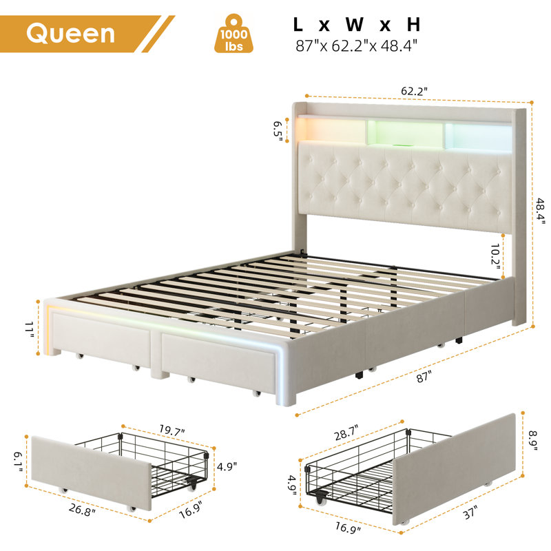 Upholstered Bed With Drawers,Led Lights,Bookcase And Charging Station, Queen