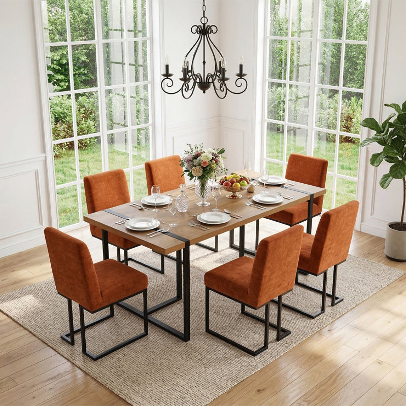 7-Piece Modern Rectangular Dining Table Set For 6 With Upholstered Dining Chairs, Terra
