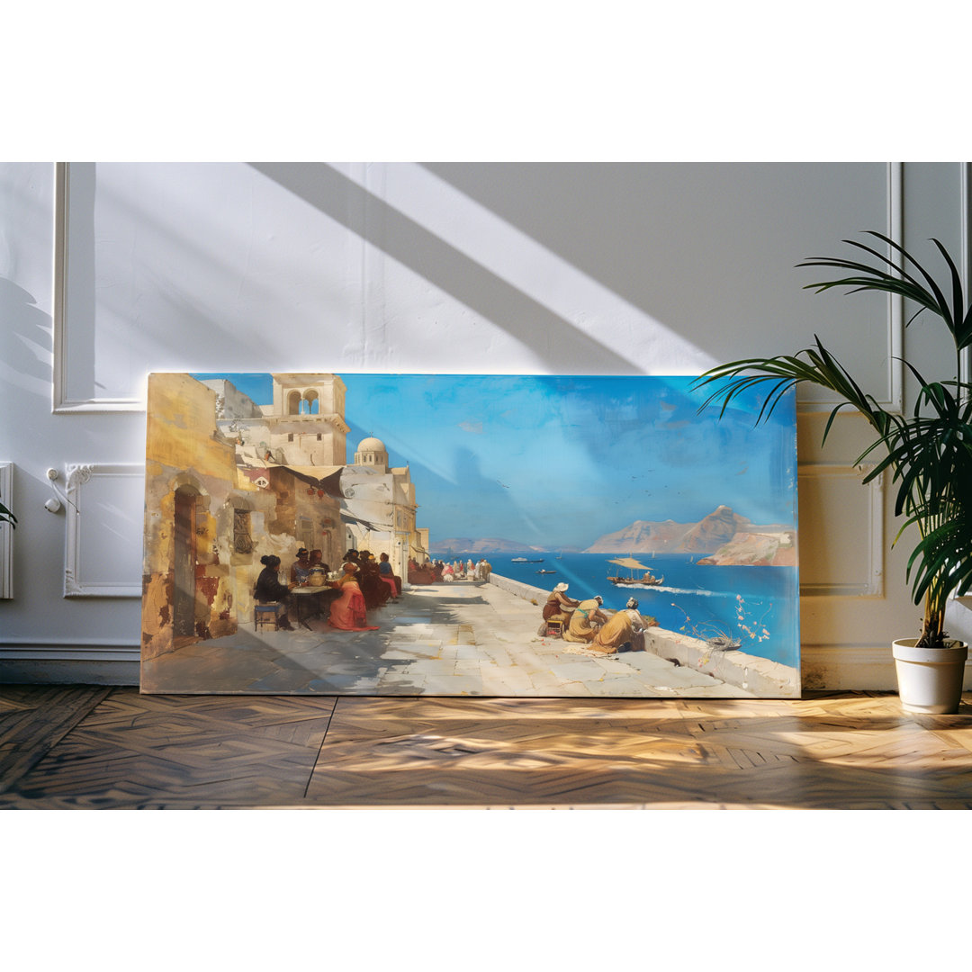 Leinwandbild gerahmt 120x60cm Strandpromenade blaues Meer Kunstvoll Sommer