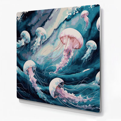 Art mural en métal bleu méduse nautique
