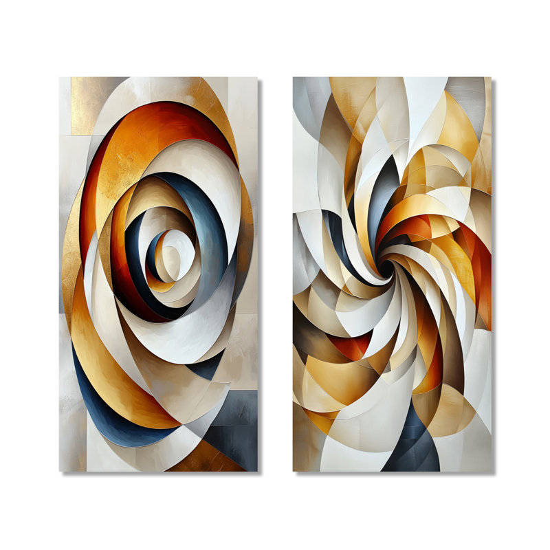«Beige Stellar Explosion Accent With Orange I», ensemble de 2 pièces d'art abstrait en spirales abstraites, H 40 po x l 40 po