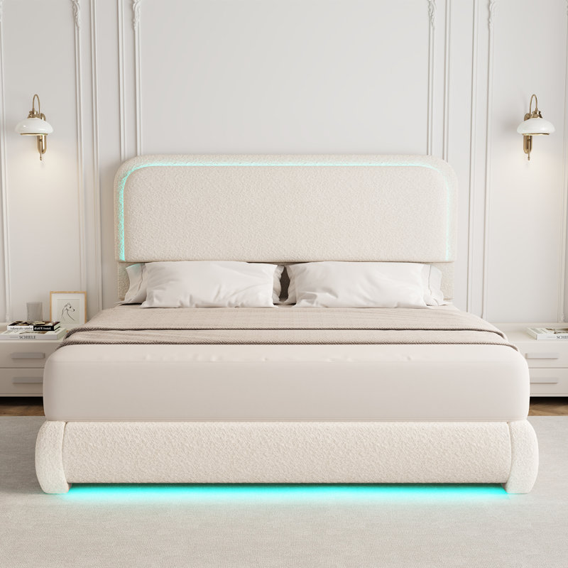 LED Teddy Fleece Platform Bed Frame with Round Corner Upholstered Headboard, Cream, King