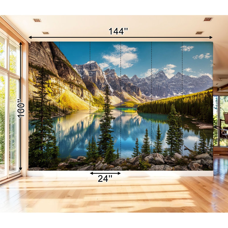 Papier peint adhésif pelez et collez paysage coucher de soleil vue Morain lac montagne art mural auto-adhésif et amovible
