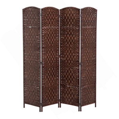 Écran d'intimité de 6 pi de hauteur Brown Weave. Paravent élégant avec art tissé. Portable et pratique pour les espaces de divertissement avec écran 4 panneaux - brun. Élégant plateau arqué en bois cintré. Dortoirs pratiques