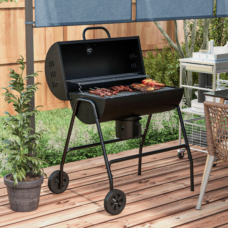 Fumoir baril au charbon de bois, barbecue sur roulettes, noir, bois
