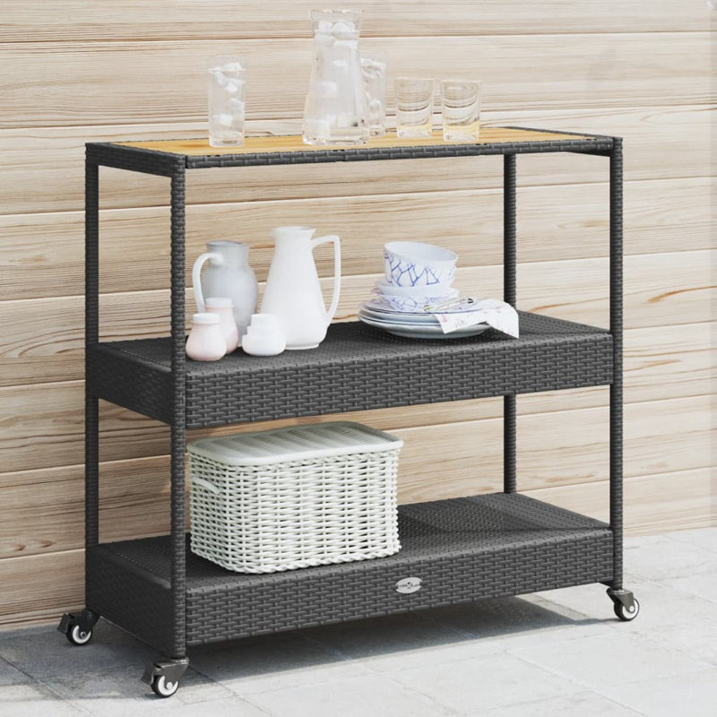 17 Stories Bar Cart 3-Tier Poly Rattan And Solid Wood Acacia, Black 