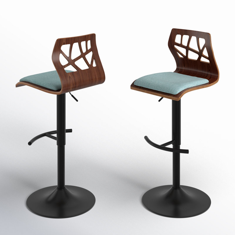 Tabouret de bar Laurenzio, Noir, Tissu bleu sarcelle / bois de noyer