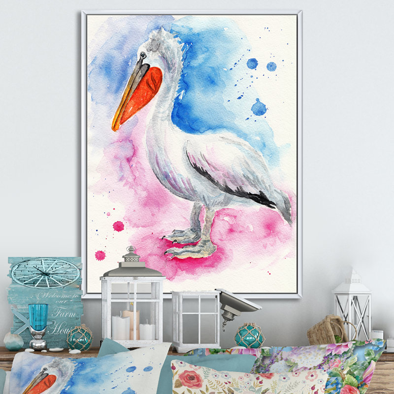 Pélican bleu et rose, H 40 po x l 30 po x P 1,5 po, Toile encadrée flottée blanche