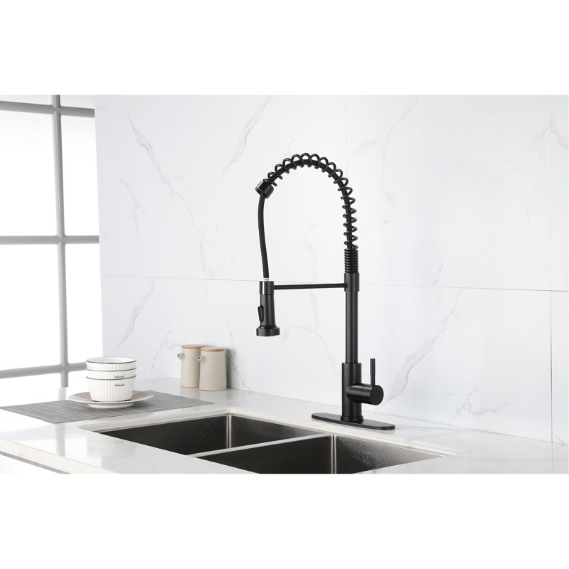 Robinet de cuisine en acier inoxydable à un trou avec bec rétractable noir mat, 360 °