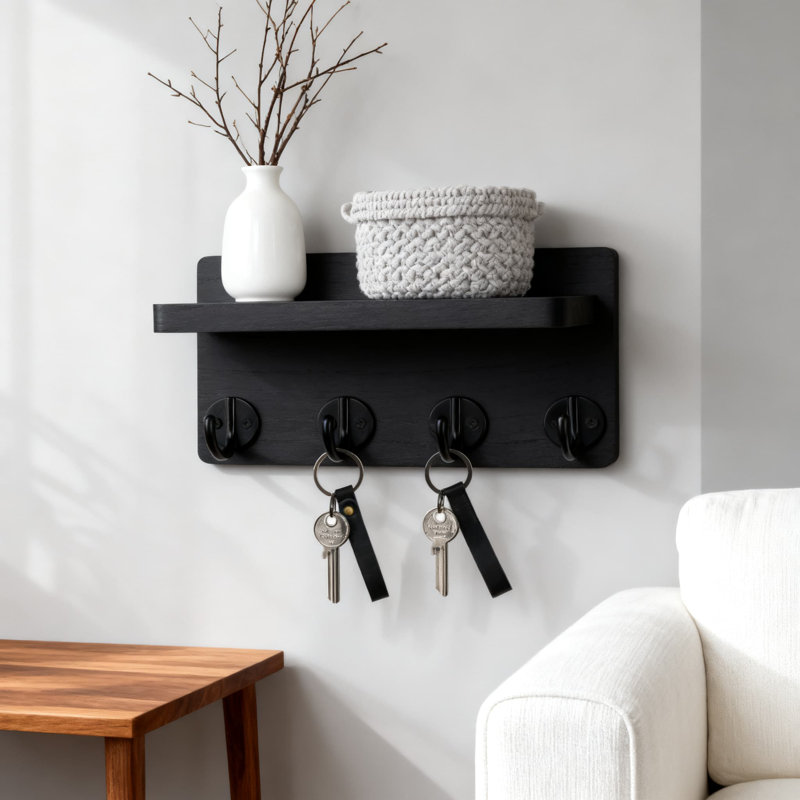 Support mural en bois pour porte-clés avec 4 crochets et tablette de présentation, organisateur mural peu encombrant pour le vestibule, le salon, la cuisine et le bureau personnel