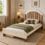 Lit plateforme simple en bois massif avec tiroir de rangement, tête de lit arrondie, sans sommier, beige et naturel profond
