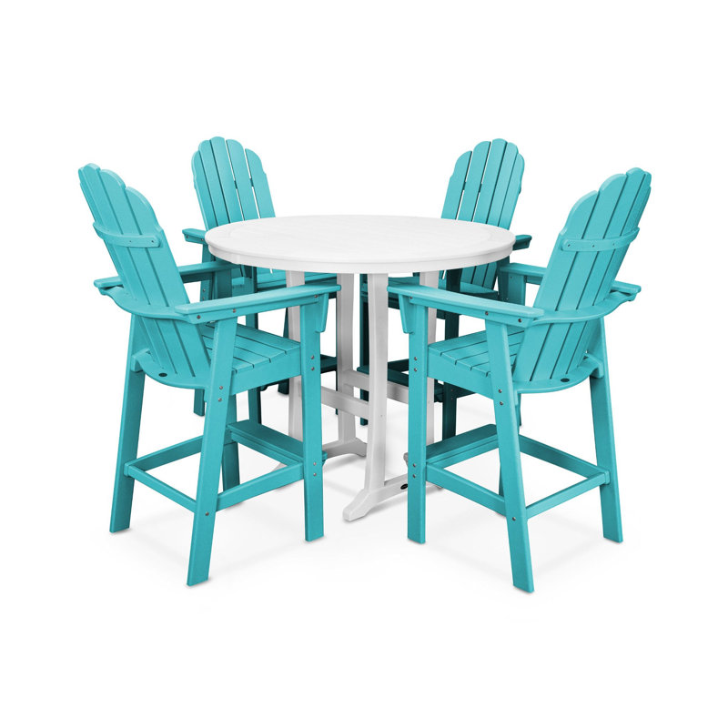 POLYWOOD Vineyard Curveback Adirondack 5-Piece Nautical Trestle Bar Set, Aruba/White