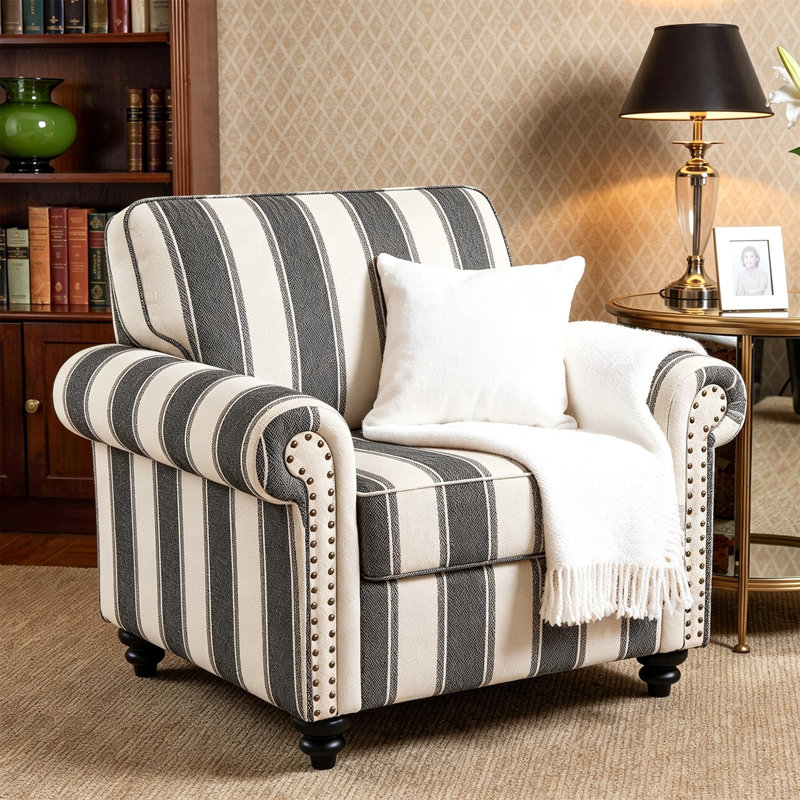 Fauteuil rembourré en mélange de coton avec accoudoirs arrondis et garniture cloutée, Rayures noires