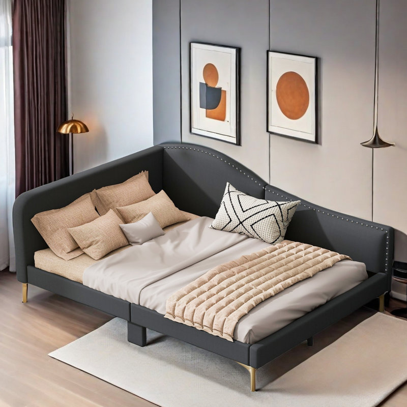 Upholstered Daybed With Headboard And Armrest, Gray, Full / Double
