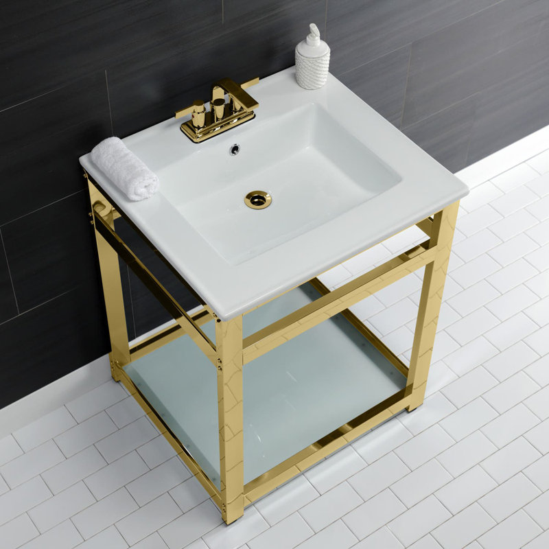 Quadras Ceramic Rectangular Console Bathroom Sink with Overflow, White/Polished Brass, 4" Centers