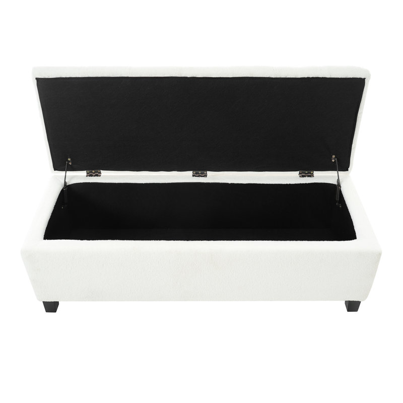 Rangement avec surface bouclée blanche, pieds en bois d'hévéa, capacité de 300 lb, charnières à fermeture douce, idéal pour le rangement de banc de décoration de chambre à coucher, finition, capitonnage,