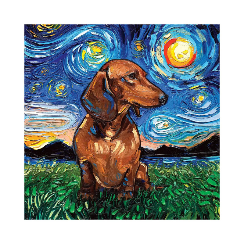 Brown Shorthair Dachshund Night by Aja Trier - Wrapped Canvas Painting, 30.48 cm H x 30.48 cm W