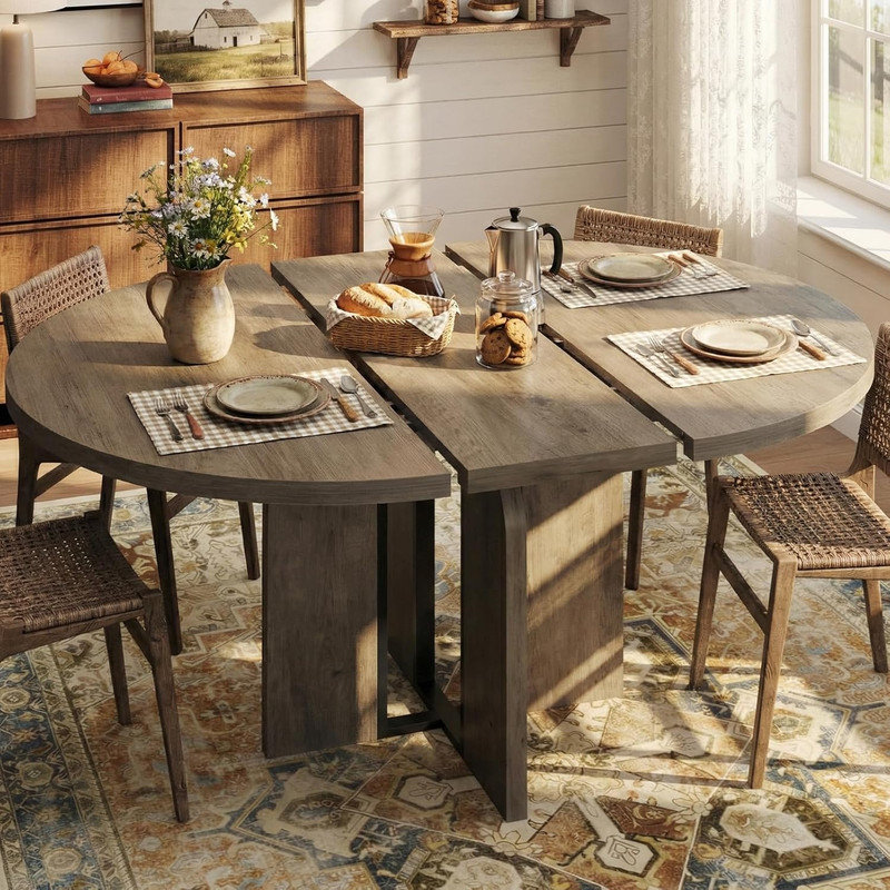 47"-63" Extendable Round to Oval Dining Table for 4-8, Farmhouse Wood Expandable Kitchen Table with Wider Legs, Metal Frame, Space-Saving for Apartment
