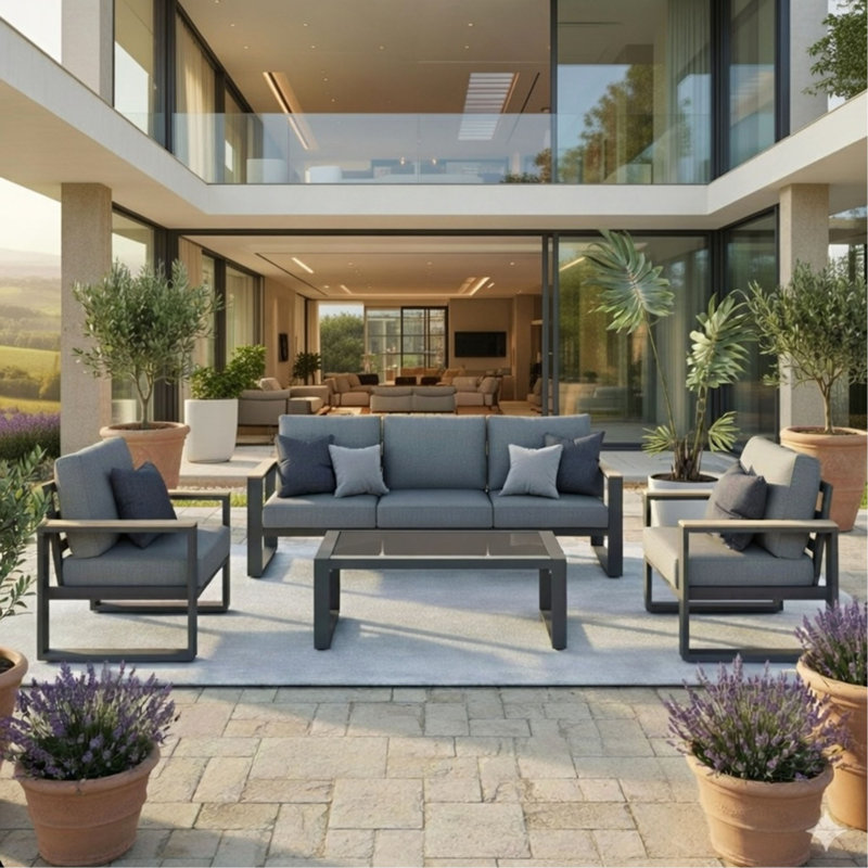 All-Weather 4-Piece  Aluminum Patio Furniture Set, 5-Seat Conversation Sofa With 10 Inches Extra Thick Cushions And Glass Table