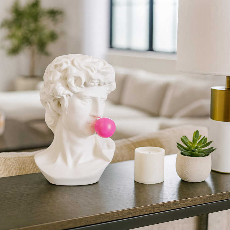 Sculptural Resin Greek God Head Figurine for Home Decor - Decorative Object Statue with Gum Accent for Living Room Decoration - 13", White & Pink