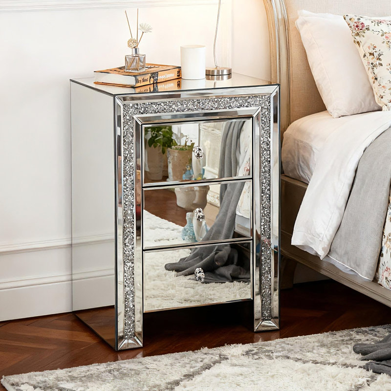 Mirrored Glass Bedside Table 3 Drawer Crushed Diamond Home Decor