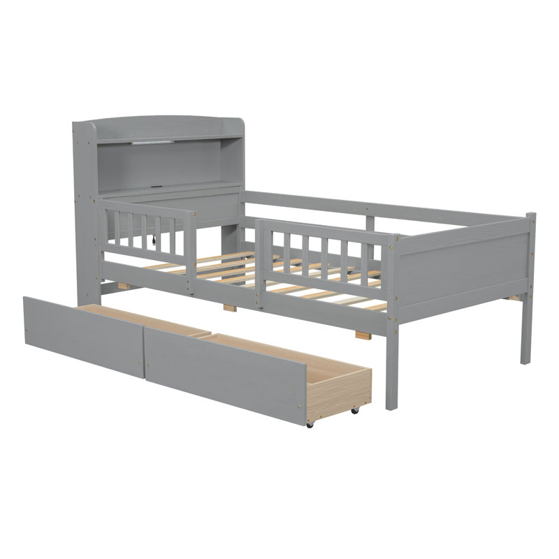 Lit plateforme en bois avec lumière DEL intégrée, tête de lit multifonctionnelle, garde-corps et 2 tiroirs, Gris