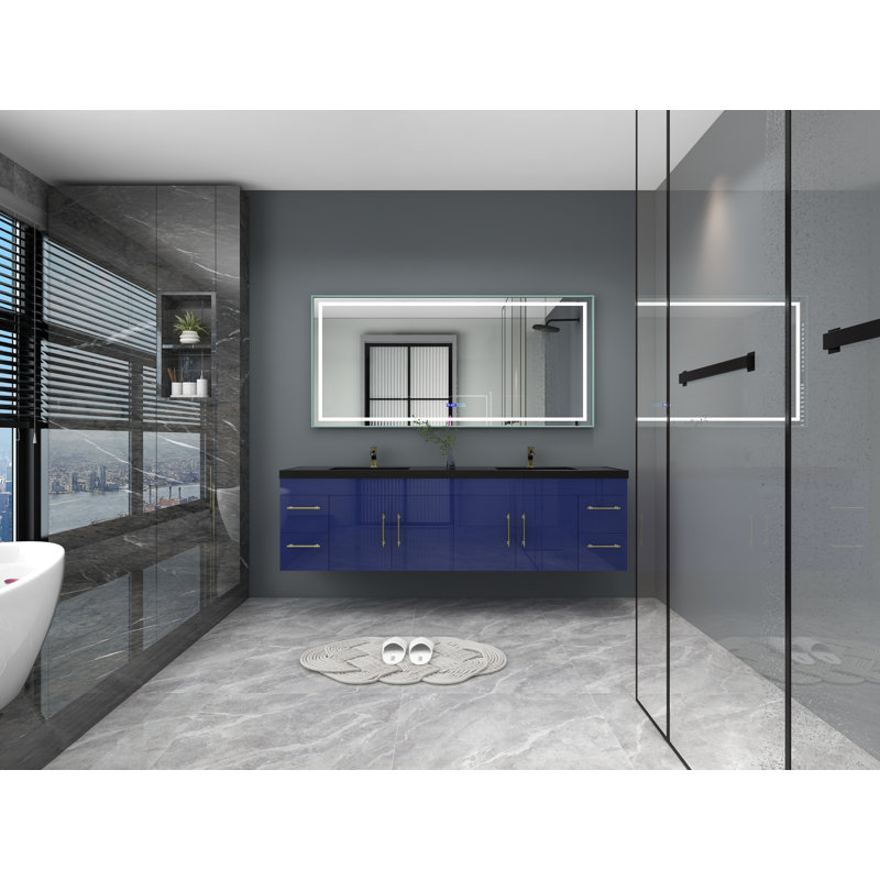 Ensemble de meuble-lavabo double mural 84 po Camorah, Bleu nuit brillant, Or mat