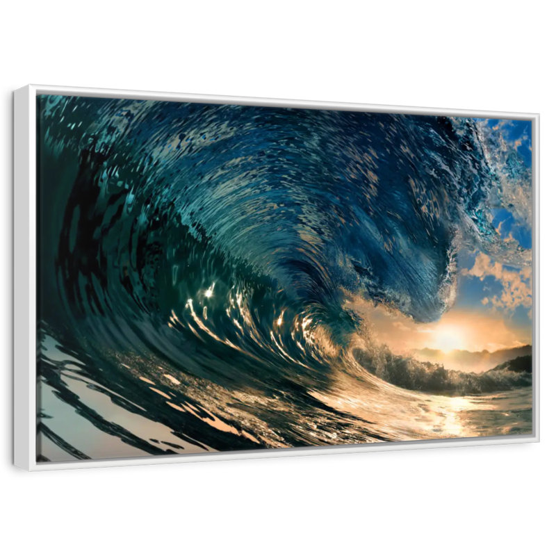 Sunset Colored Ocean Wave, Floating Frame White, 13" X 9"