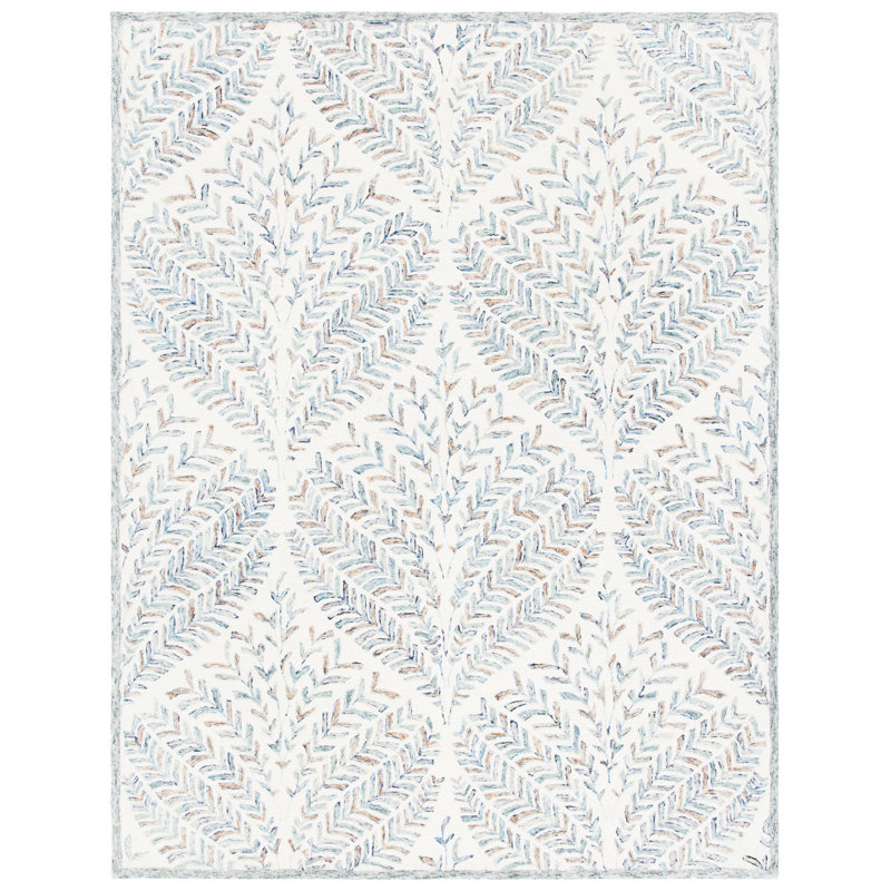 Tapis ivoire / bleu en laine touffeté à la main Ikat, Rectangle 6 pi x 9 pi