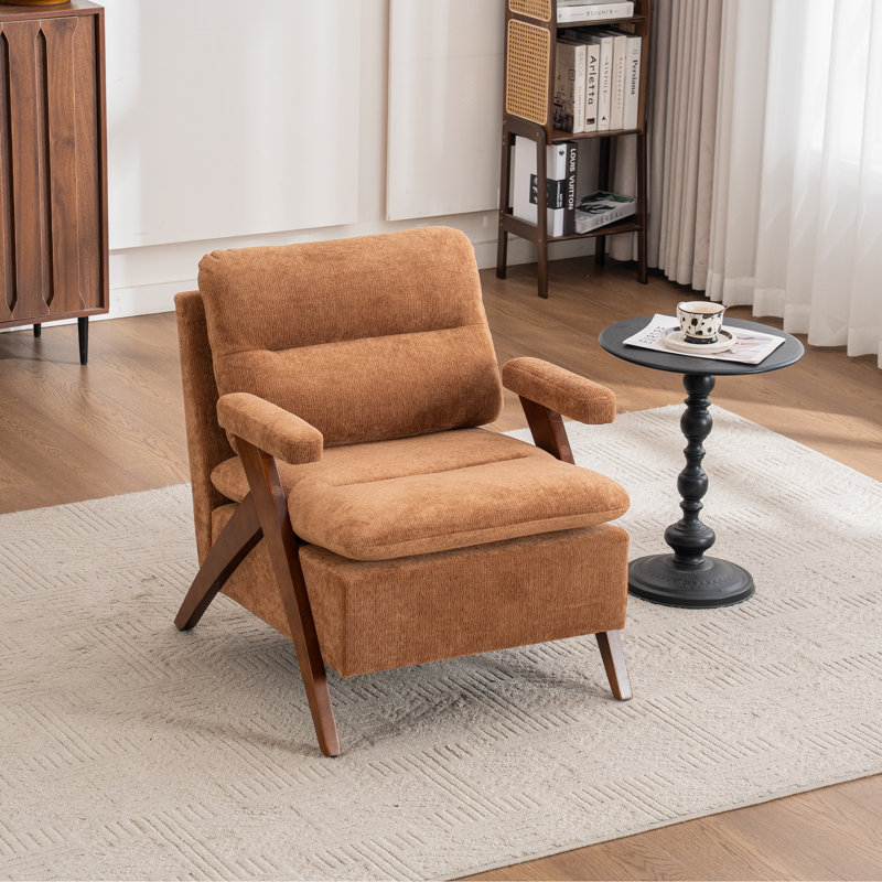Mid Century Upholstered Arm Accent Chair with Solid Wood Legs, Khaki