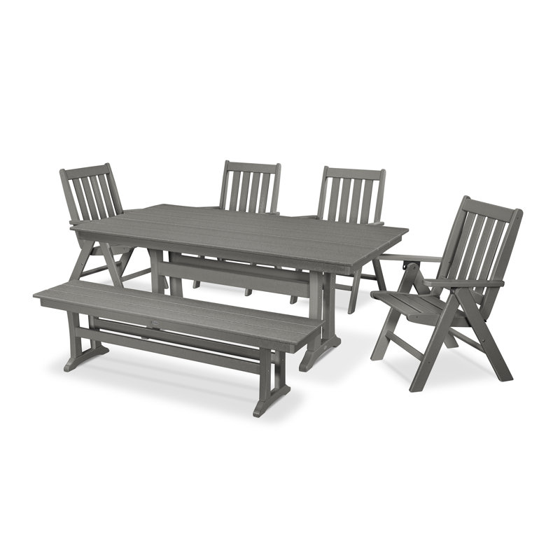 Vineyard 6-Piece Folding Chair Farmhouse Dining Set with Trestle Legs and Bench, Slate Gray