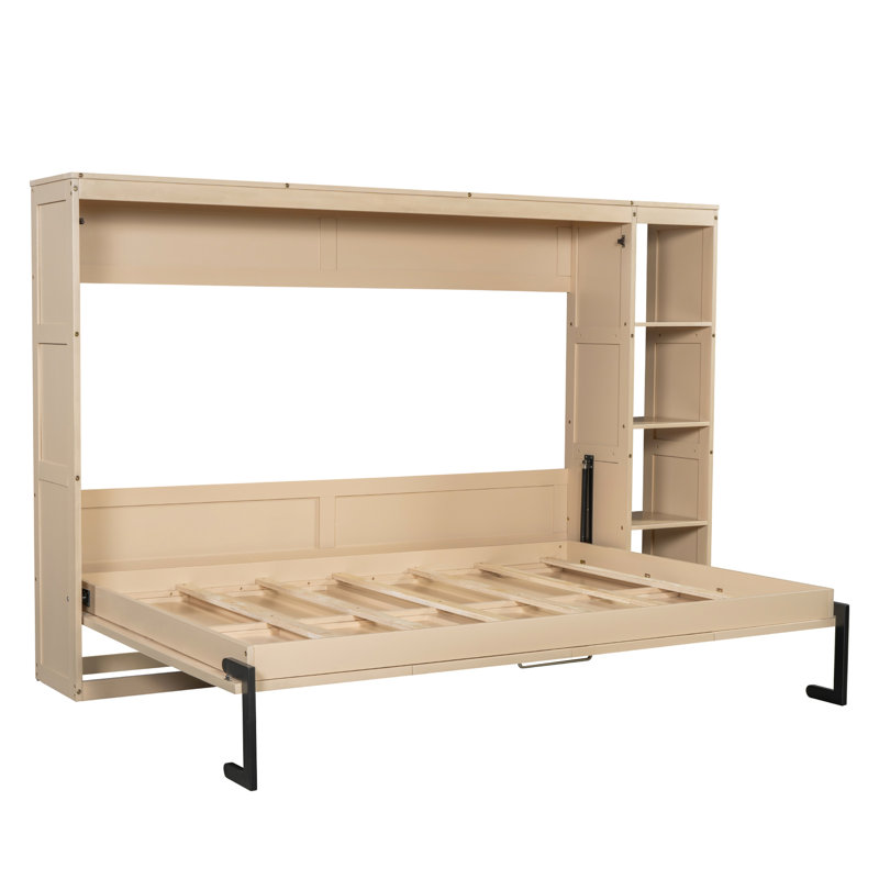 Lit double naturel avec une bibliothèque et une structure élégantes, pliable pour économiser de l'espace dans un petit appartement, de nombreuses options de rangement, une base en lattes de bois, un cadre de teinte à assemblage rapide,