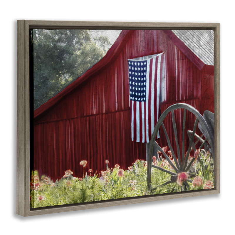 Red Barn with American Flag, 17" H x 21" W, Montalcino Elm Floater Frame